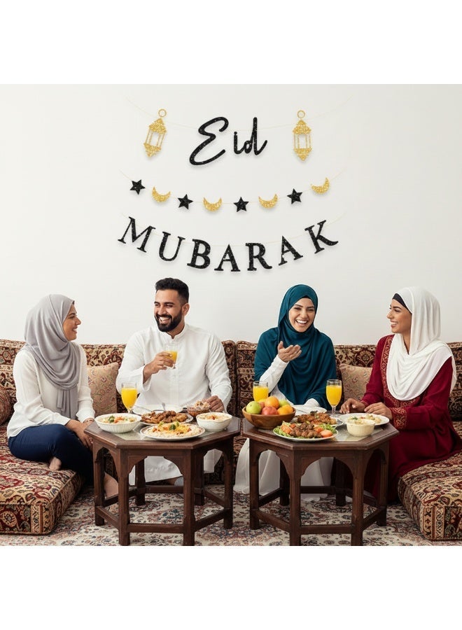 2 Sets 6 PCS Eid Mubarak Glitter Banner Decoration, Black & Gold Hanging Bunting Garland, Moon Star Lantern Background, Islamic Party Supplies for Home Wall Decor (2 Styles Mixed) - Image 4